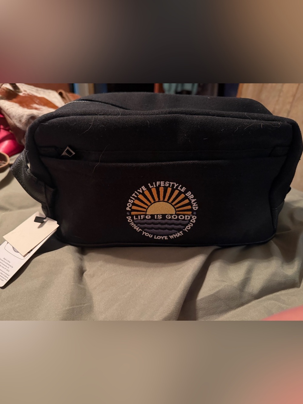 Life Is Good Black Toiletry Bag with Sunrise Embroidery